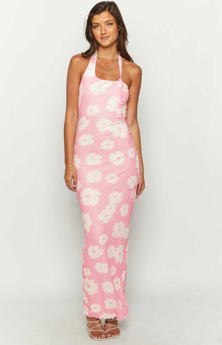 Beginning Boutique Aimee Pink Floral Maxi Halter Dress pink and white floral halter neck maxi dress with a fitted and ruched side detail