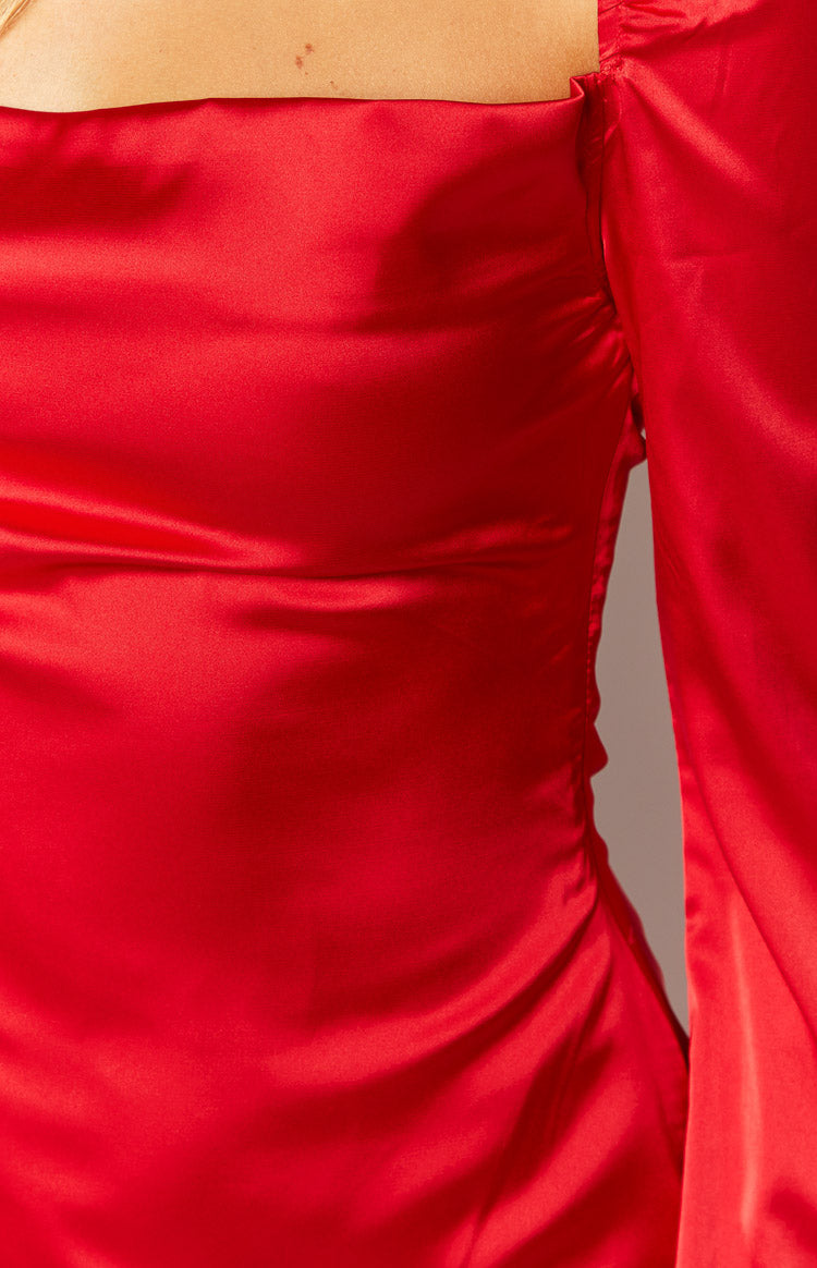 Shop Formal Dress - Airlea Red Satin Asymmetric Maxi Dress fourth image