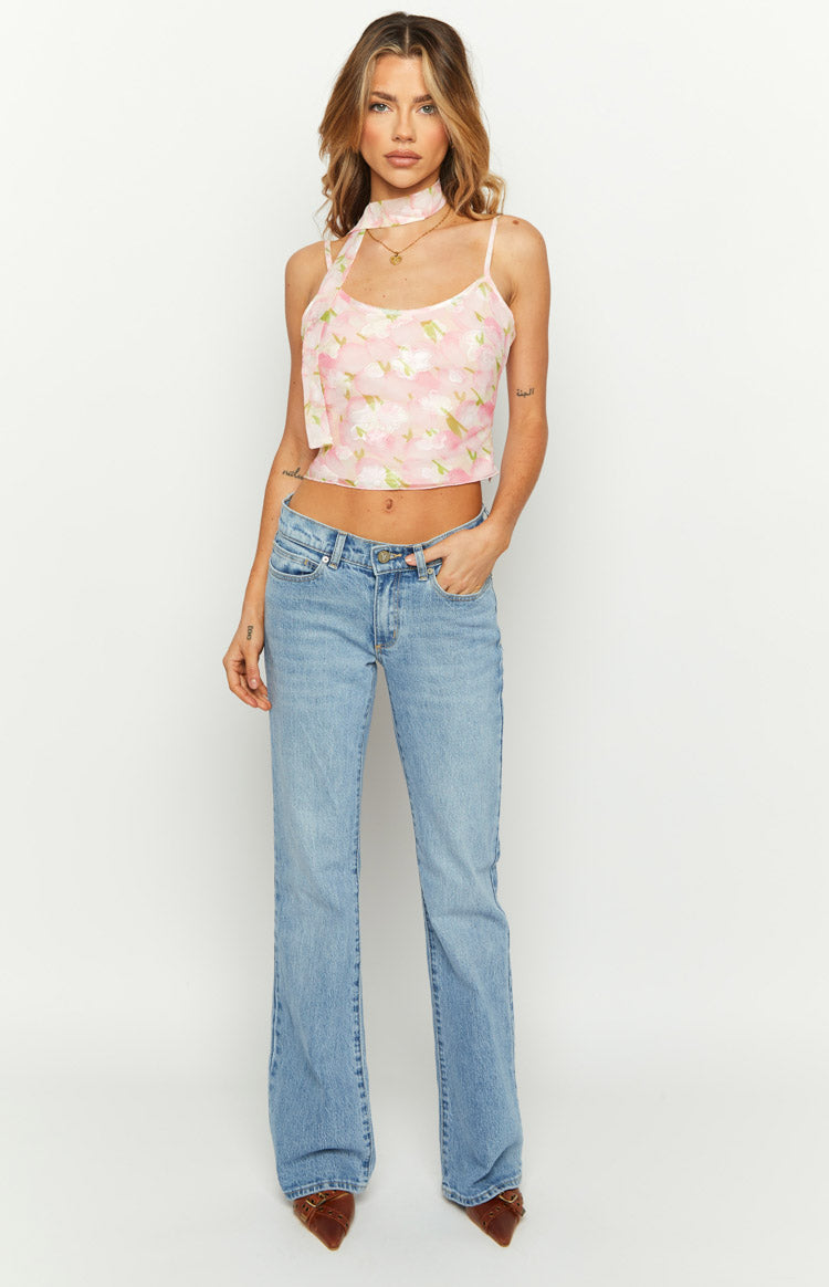Pink floral print cami top with spaghetti straps and an attached neck scarf detail