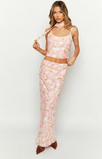 Beginning Boutique Irina Pink Print Maxi Skirt pink floral print fitted maxi skirt