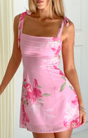 Beginning Boutique Akira Pink Floral Chiffon Tie Mini Dress pink floral chiffon mini with tie shoulders square neckline and r
