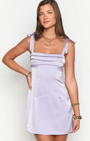 Beginning Boutique Akira Lilac Tie Mini Dress lilac satin square neck mini dress with tie shoulders and pleated bust