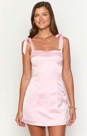 Beginning Boutique Akira Pink Tie Mini Dress light pink satin square neck mini dress with tie shoulders and ruched bodice