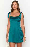 Beginning Boutique Akira Teal Tie Mini Dress teal satin square neck mini dress with tie shoulders and pleated bust