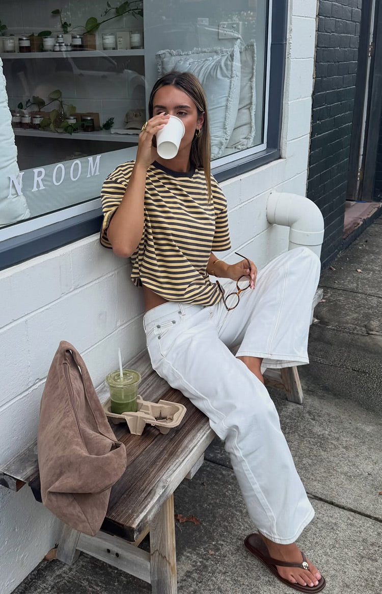 Beginning Boutique Alba Yellow Stripe Oversized Tee yellow and black striped oversized crew neck tee with short sleeves and a cropped fit