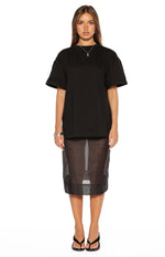 Oversized black tee with a crew neck, wide short sleeves, and a longline hem