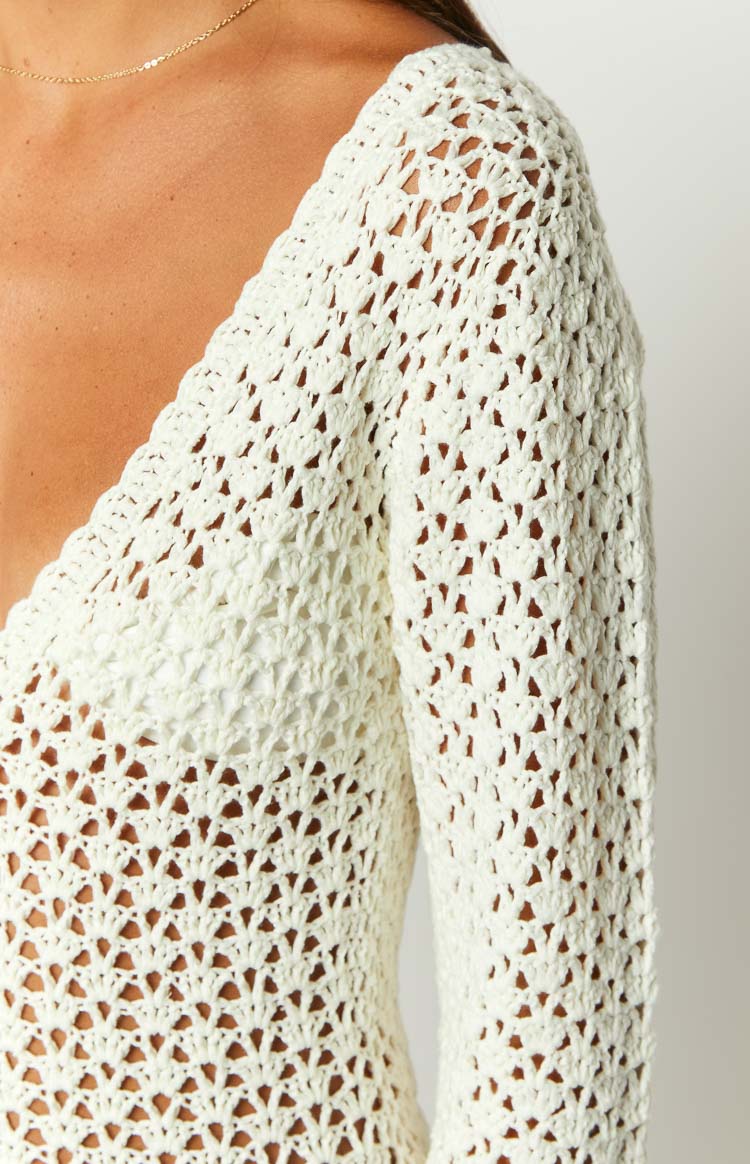 Alessia White Crochet Knit Long Sleeve Mini Dress Image