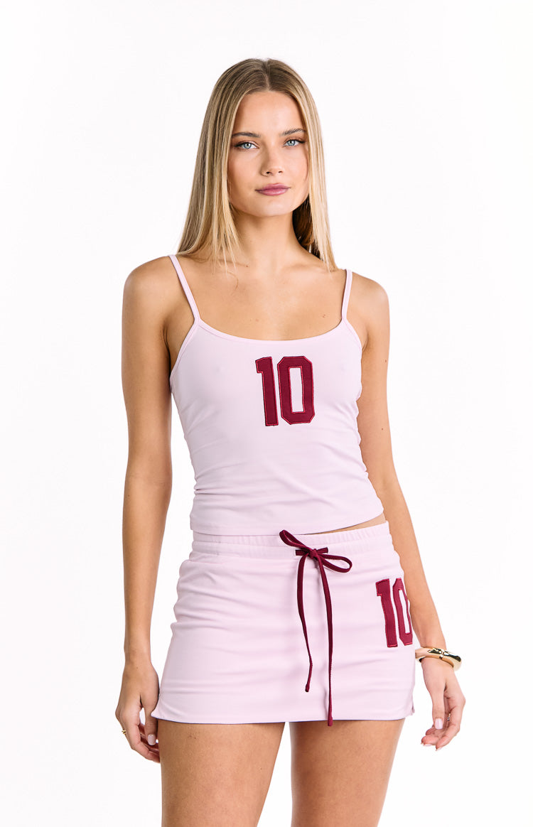 Beginning Boutique Alexa Pink Jersey Skort light pink jersey mini skort with maroon drawstring and number 10 graphic