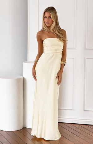 Beginning Boutique Alexia Yellow Strapless Maxi Dress light yellow strapless ruched bodice satin maxi dress