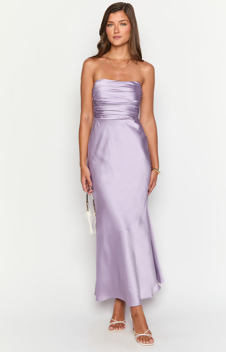 Purple strapless maxi dress with a ruched bodice and a flowing satin skirt