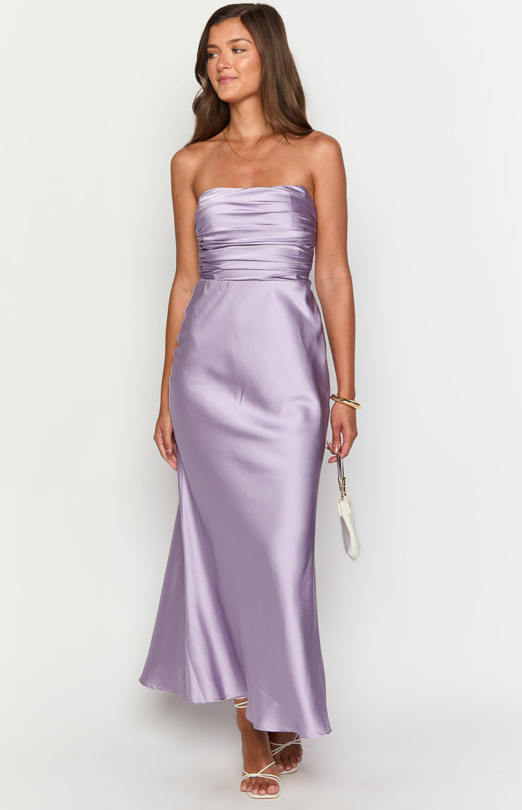 Purple strapless maxi dress with a ruched bodice and a smooth, flowing satin skirt