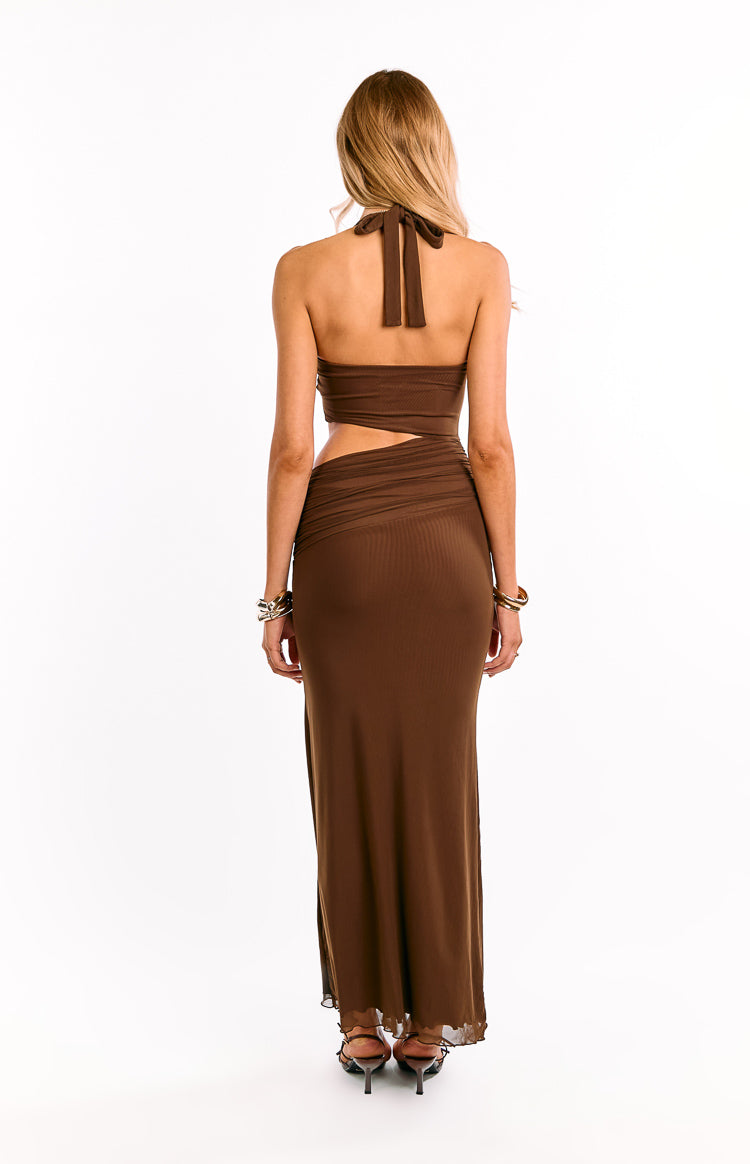 Rear view of a chocolate brown halter neck maxi dress with a tie-back and ruched cut-out waist