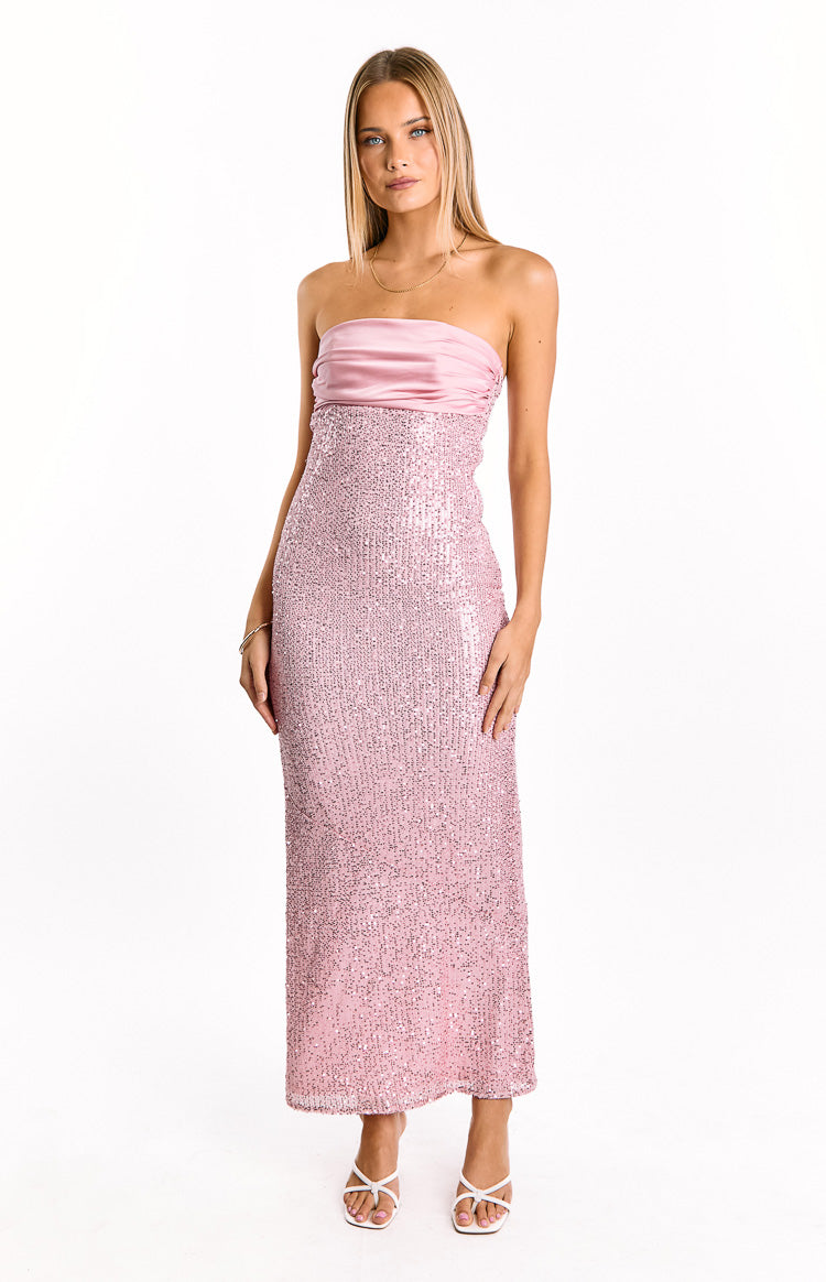 Front view of a pink strapless maxi dress with a ruched satin bodice and a fitted sequin skirt