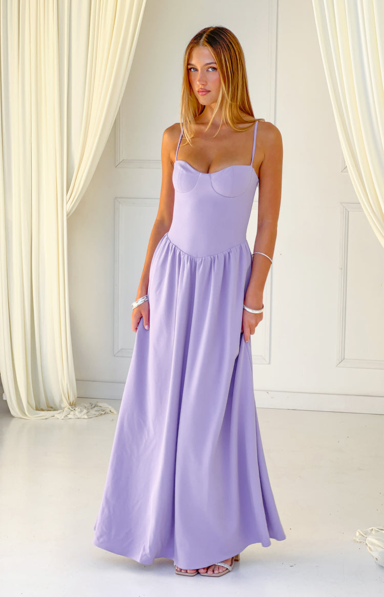 Beginning Boutique Almost Yours Lilac Crepe Maxi Dress lilac crepe sweetheart bustier maxi with thin spaghetti straps and gat