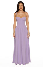 Lilac crepe maxi dress with a sweetheart bustier neckline, thin spaghetti straps, and a gathered waist