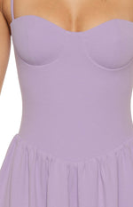Close-up of the lilac crepe maxi dress bodice with a sweetheart neckline, structured bust cups, and gathered skirt detail at the waist