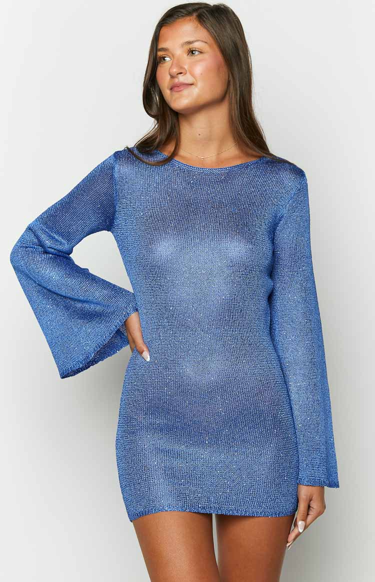 Alyiah Blue Sequin Knit Long Sleeve Mini Dress Image
