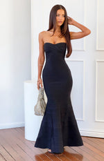 Black bandage strapless maxi dress with sweetheart neckline, criss-cross bodice, and flared mermaid hem