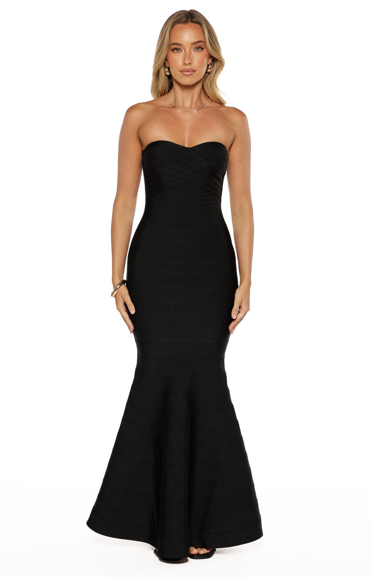 Black strapless bandage maxi dress with sweetheart neckline, criss-cross bodice, and mermaid flare