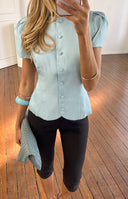 Beginning Boutique Amelina Blue Button Up Organza Top light blue organza round neck top with puff sleeves, button front, and