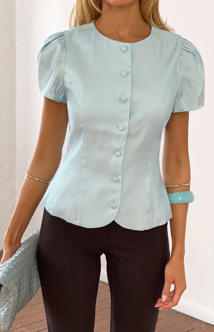 Beginning Boutique Amelina Blue Button Up Organza Top light blue organza round neck top with puff sleeves, button front, and
