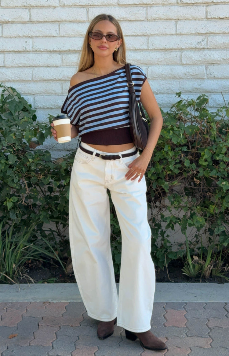 Beginning Boutique Amerie Brown Stripe Off Shoulder Knit Top brown and light blue striped off-shoulder knit cropped top