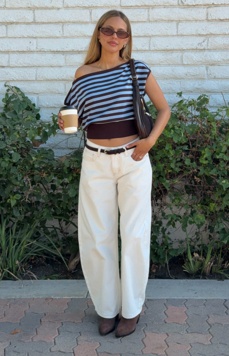Front view of a brown and light blue striped off shoulder knit top with a wide fit and cropped ribbed hem