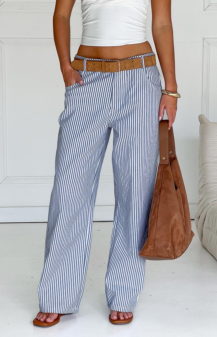 Beginning Boutique Amity Navy Stripe Mid Rise Straight Leg Jeans navy and white vertical stripe mid-rise straight leg jeans