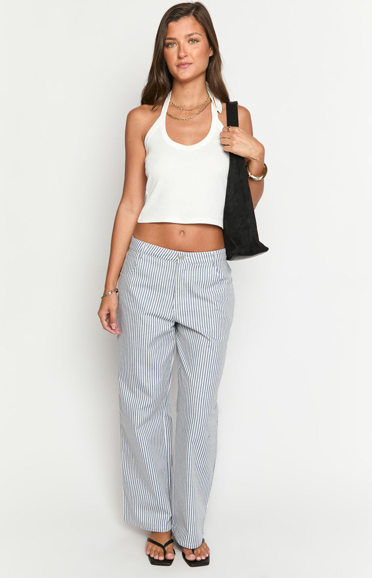 Front view of navy and white vertical stripe mid-rise straight leg jeans