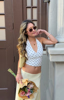 Beginning Boutique Amora White Polka Dot Crop Top white halter neck deep V-neck fitted crop top with black polka dots
