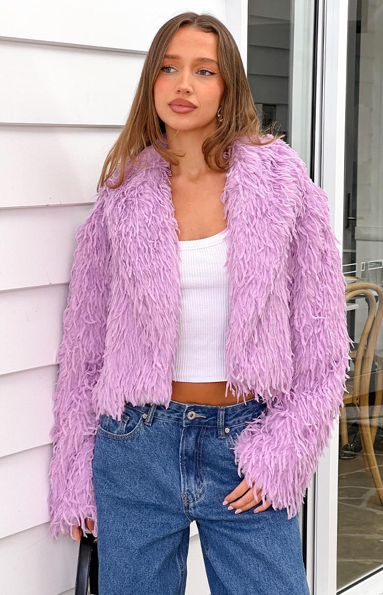Beginning Boutique Amy Purple Fringe Jacket purple shaggy fringe cropped jacket with long sleeves