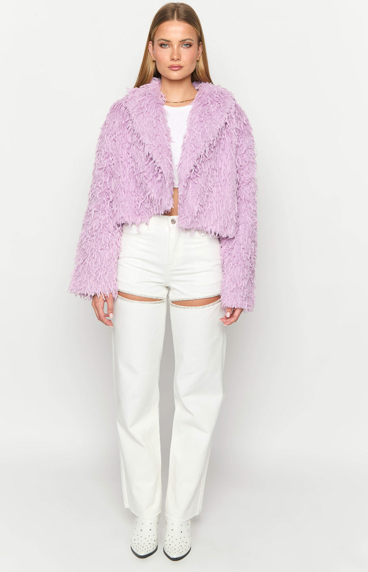 Front view of a purple cropped jacket featuring shaggy fringe texture and wide lapels