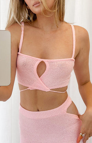 Beginning Boutique Annabella Pink Crop Top pink textured knit crop top with spaghetti straps bust cutout and wrap waist ties