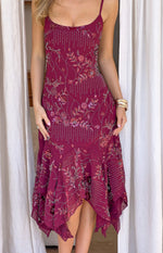 Plum sequin midi dress with delicate floral and dotted sequin patterns, scoop neck, and handkerchief hem