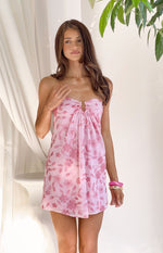 Pink sequin strapless mini dress with a ruched front and gold hardware detail at the bust