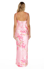 Rear view of a pink floral maxi dress with a lace-up corset back and tie spaghetti straps