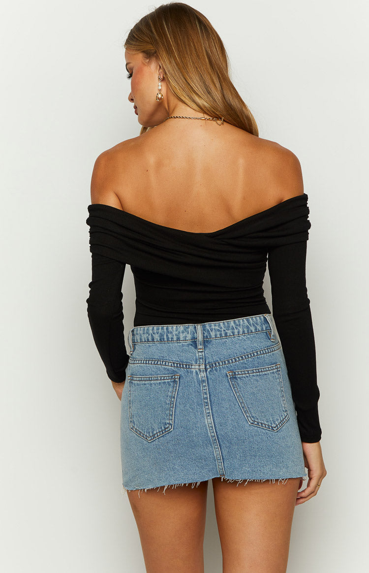 Rear view of a black off-shoulder bodysuit with ruched neckline and long sleeves