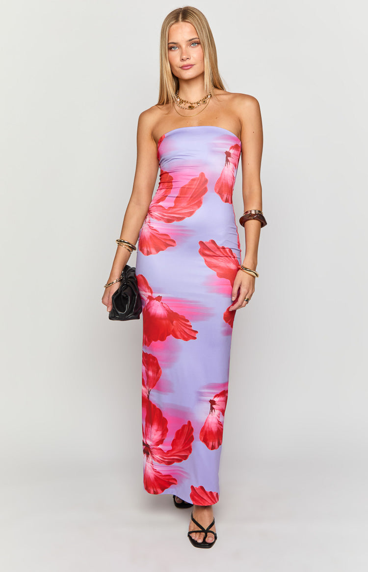 Front view of a purple floral print strapless maxi dress with a bodycon fit