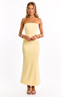 Beginning Boutique Arizona Yellow Crepe Maxi Dress pale yellow strapless bodycon crepe maxi dress