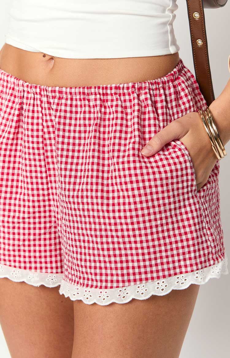 Close-up of red gingham shorts with elasticated waist, side pockets, and white broderie lace trim