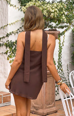 Rear view of a brown micro mini dress with wide scarf straps hanging down the back and a straight neckline