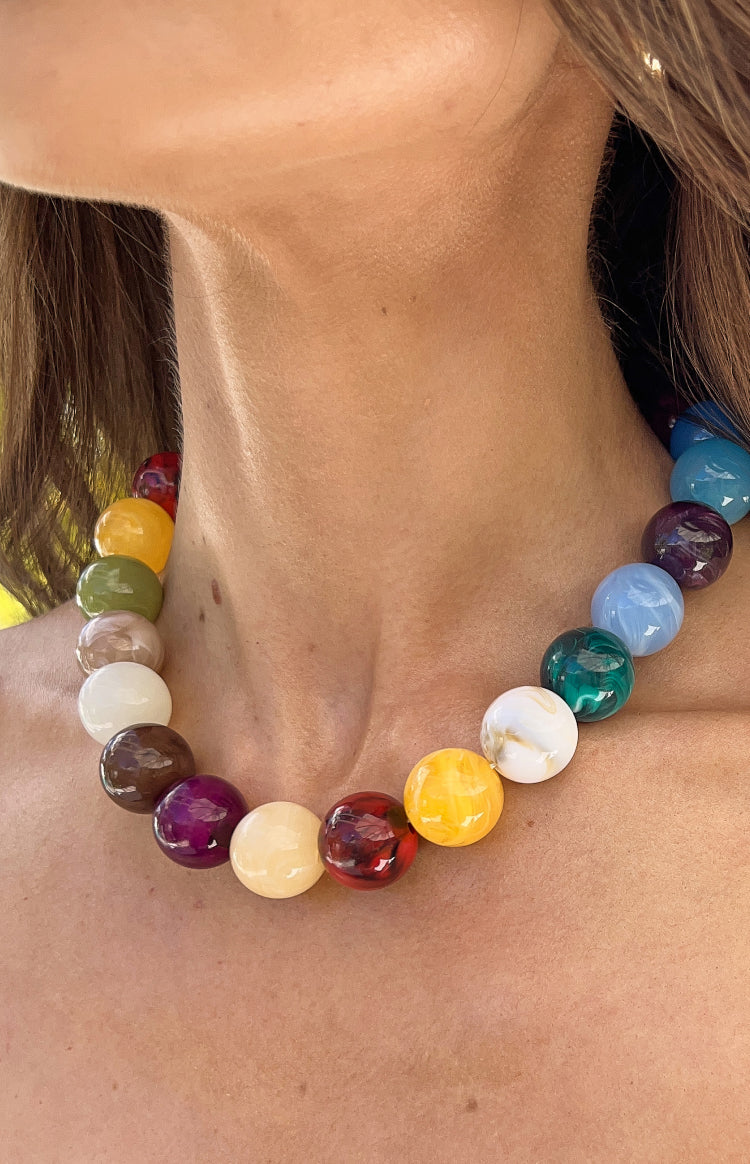 Beginning Boutique Asher Pink Multi Beaded Necklace chunky multi-coloured round beads with marbled details