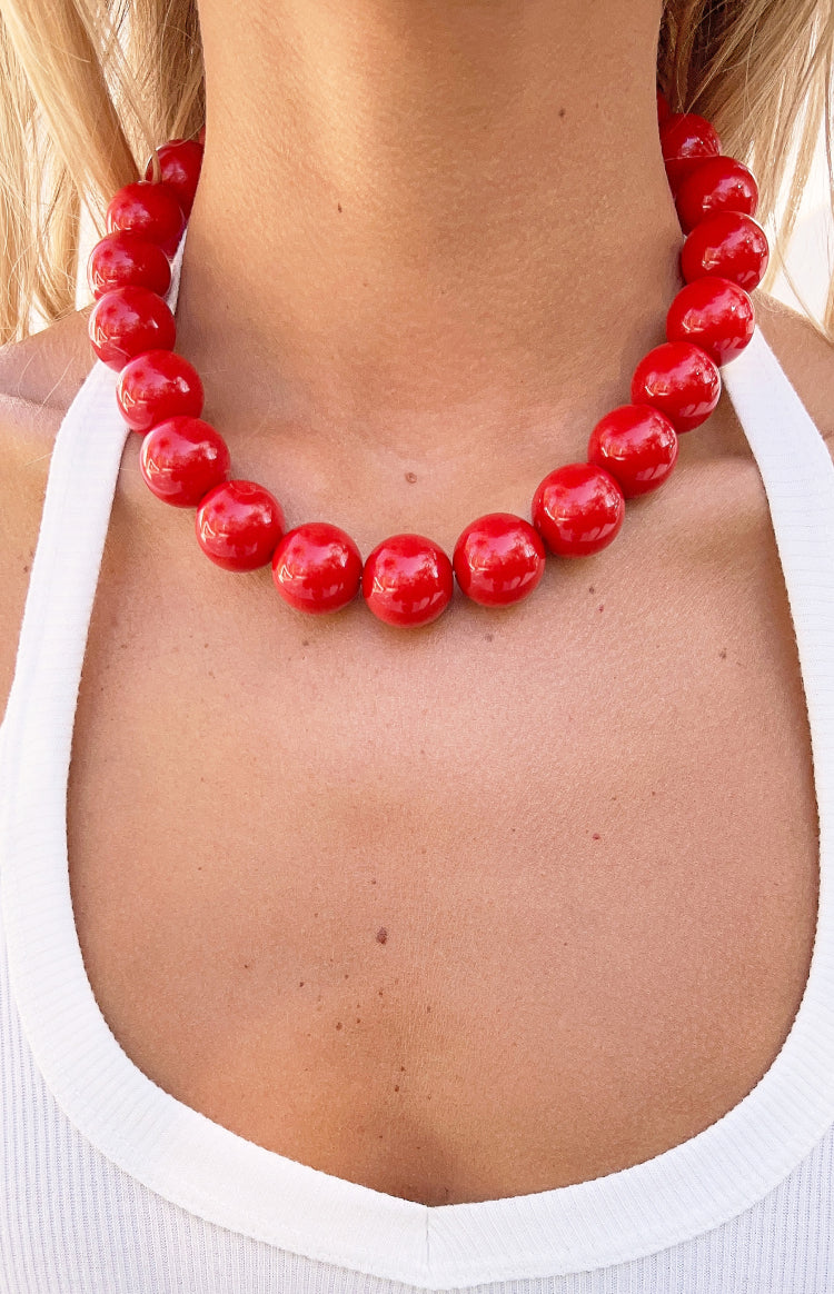 Beginning Boutique Asher Red Beaded Necklace red choker necklace with large glossy round beads