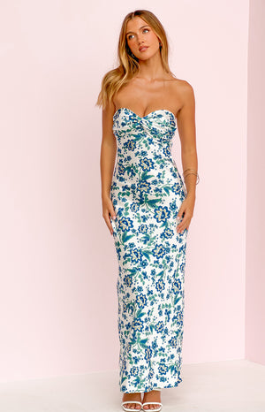 Beginning Boutique Ashley Blue Floral Formal Maxi Dress white blue floral print strapless ruched bust fitted maxi dress