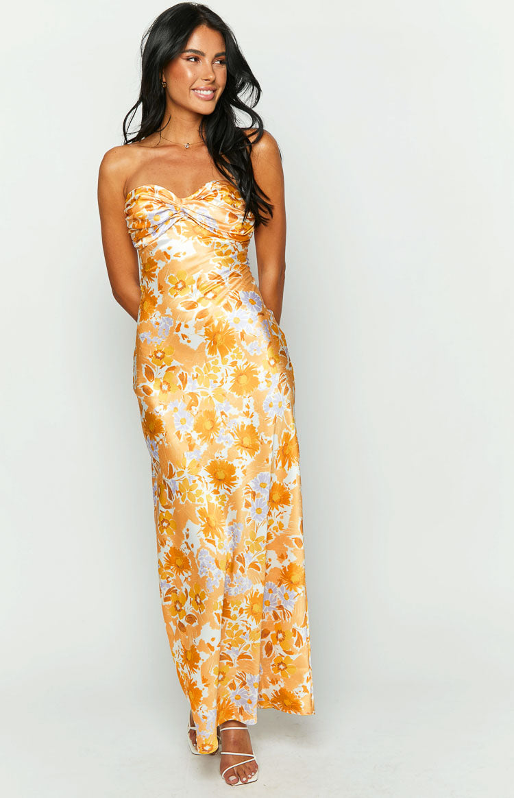 Ashley Orange Floral Formal Maxi Dress Image