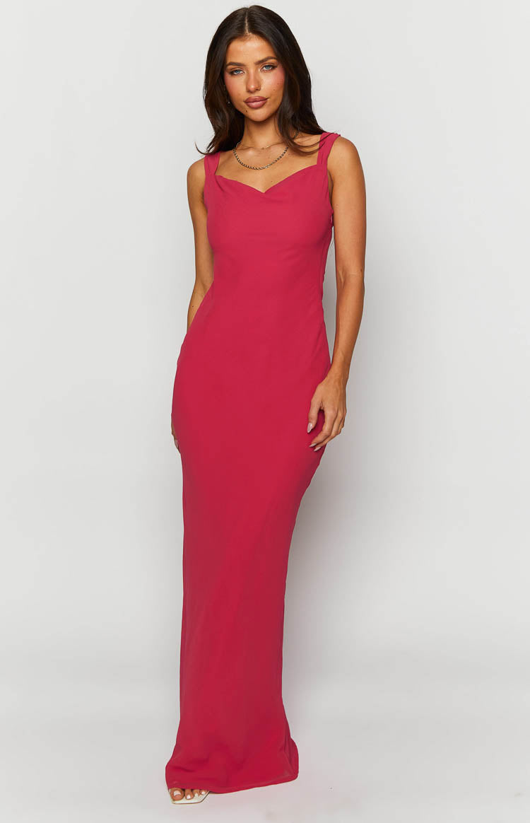 Pink sweetheart neckline maxi dress with wide straps and a fitted silhouette