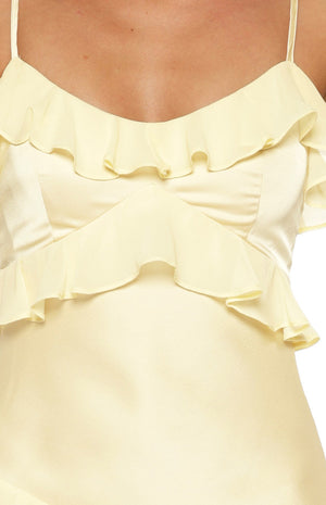 Audra Yellow Ruffle Satin Maxi Dress