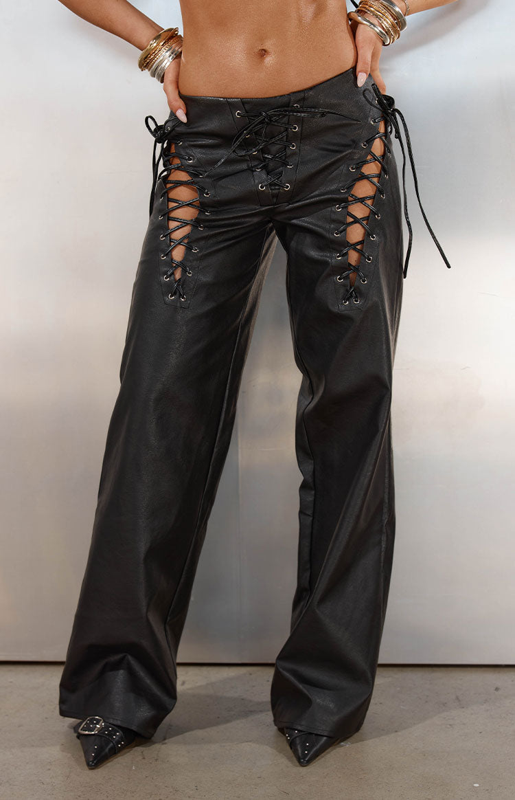 Beginning Boutique Austin Black PU Leather Lace Up Pants black PU leather low-rise wide-leg pants with lace-up front and side details
