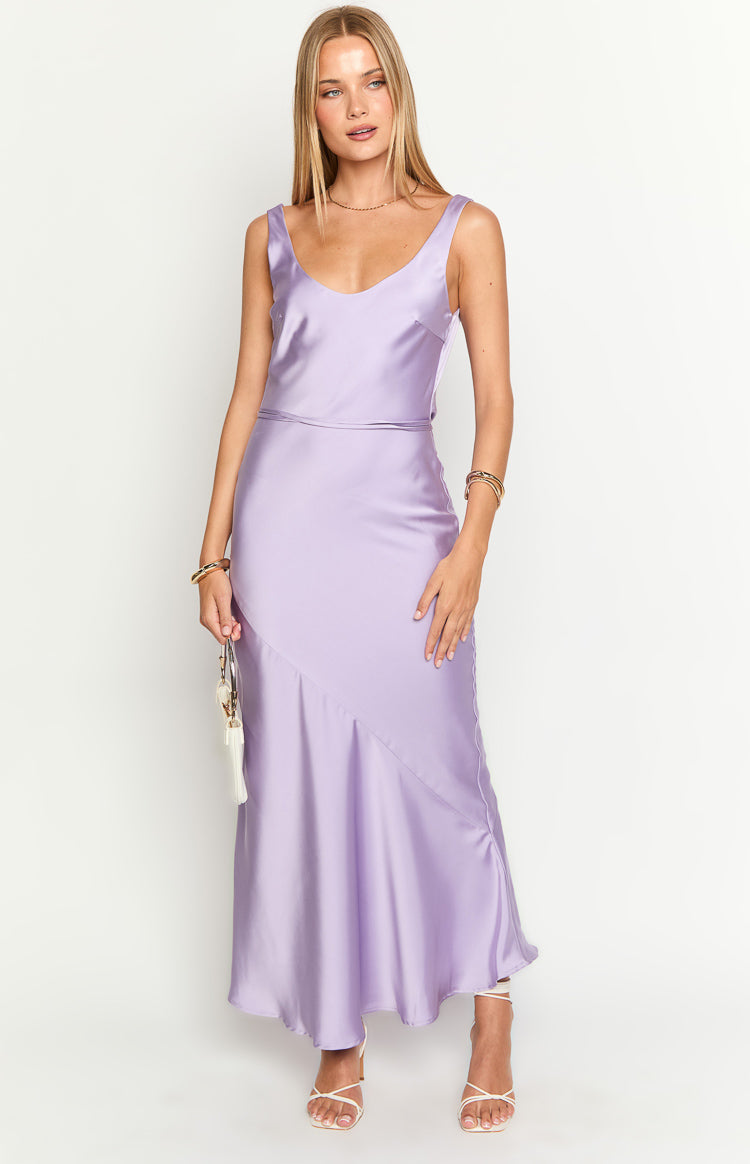 Purple satin V-neck maxi dress with wide straps and a flowing bias-cut skirt