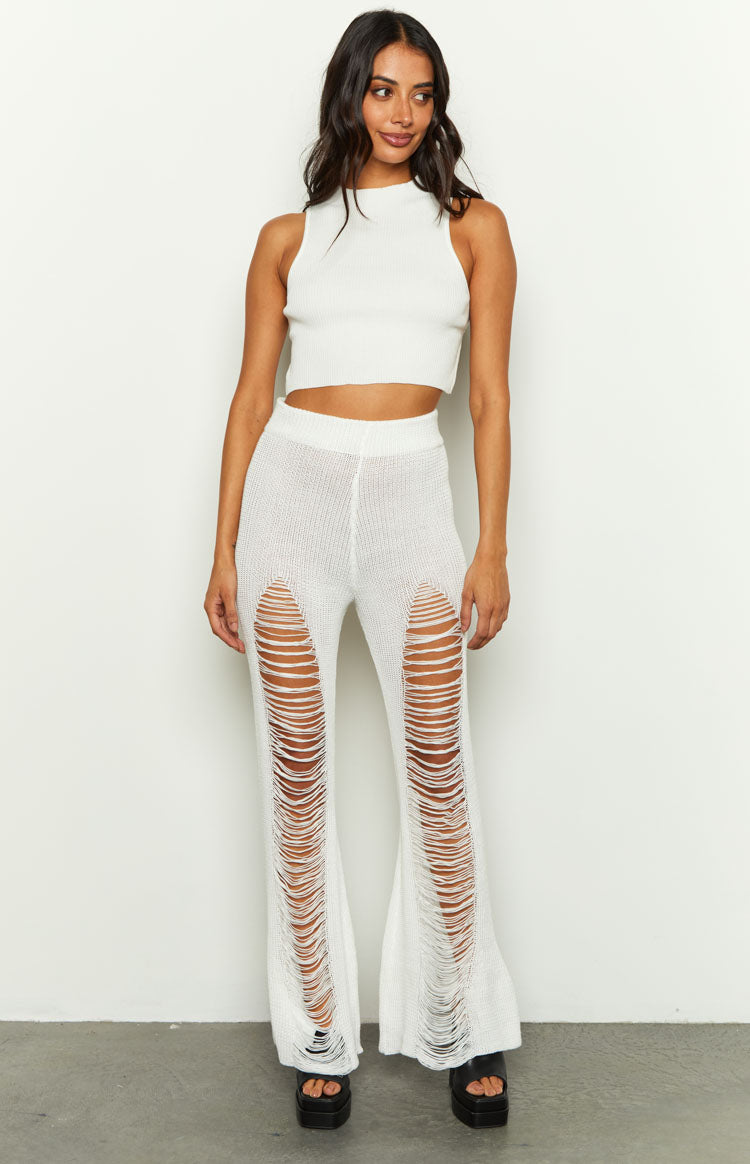 Aviva White Ladder Knit Flare Pants – Beginning Boutique